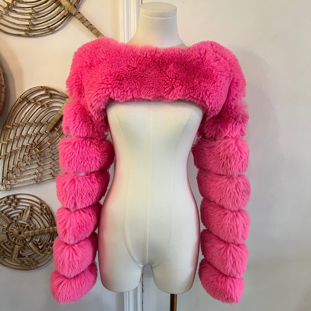 Akira WoWo Pink Faux Fur Shrug Bolero Barbiecore Festival Glam Statement Piece - Picture 2 of 6